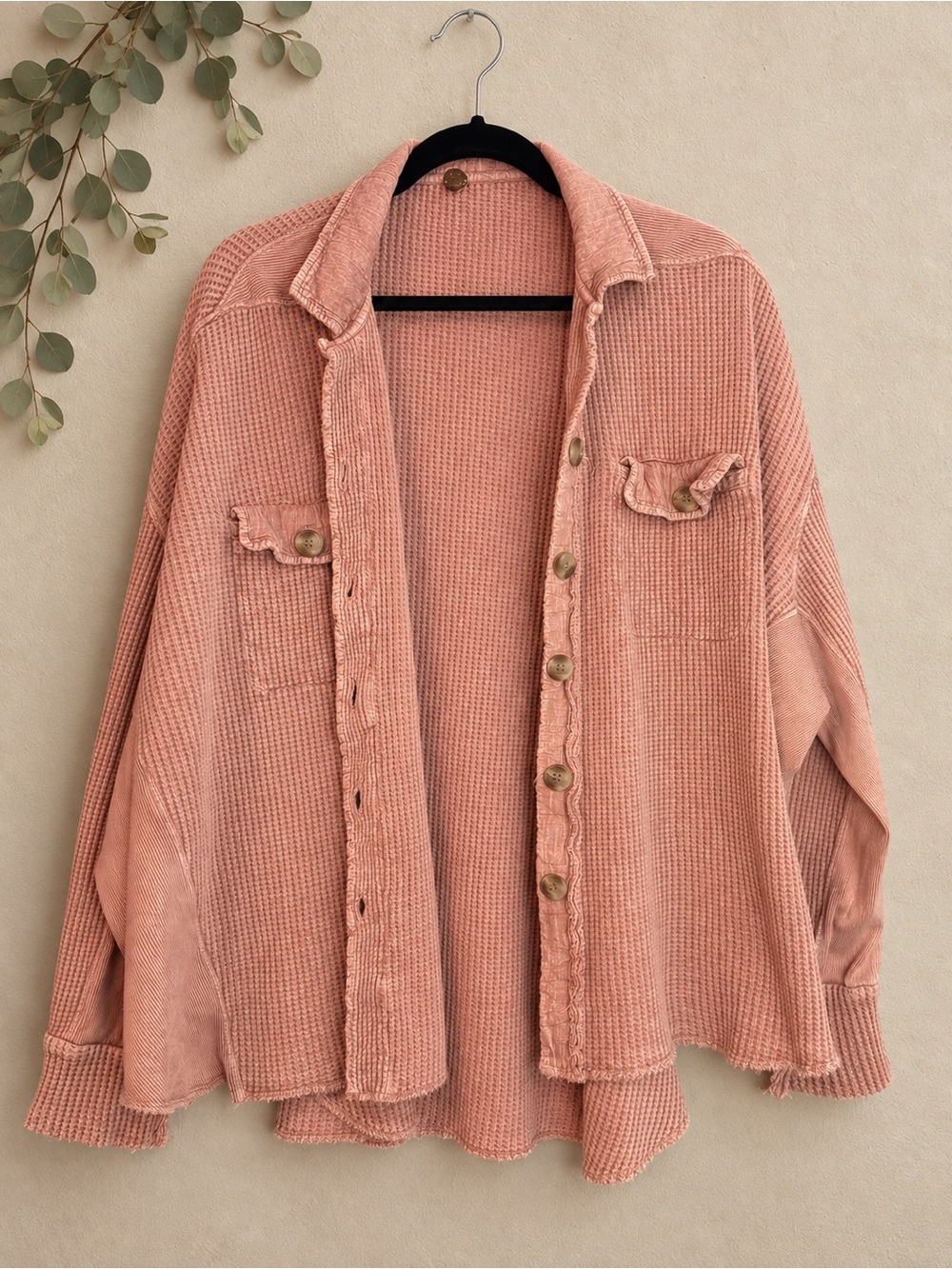 Free People One Scout Washed Pink Waffle-Knit Button Front